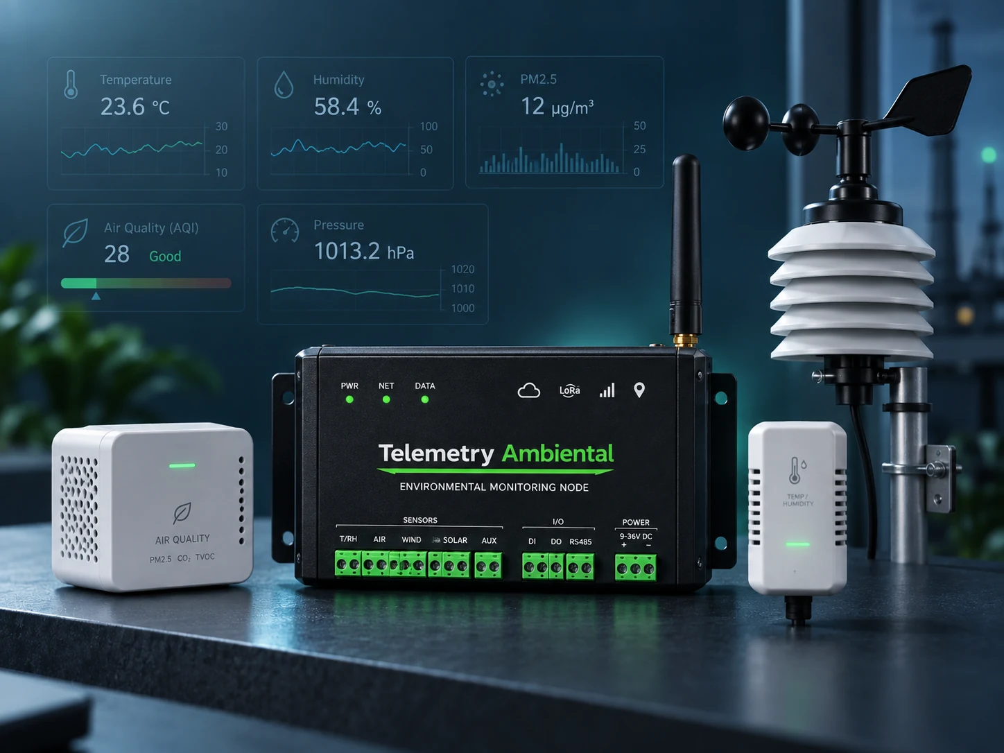 Sistema Telemetry Ambiental con nodo, sensores de calidad de aire, temperatura, humedad y estación meteorológica