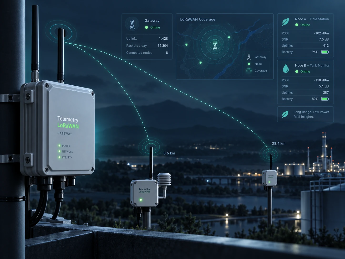 Red Telemetry LoRaWAN con gateway, nodos remotos y visualización de cobertura